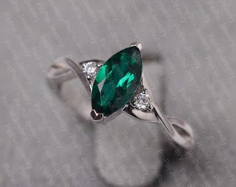 Emerald ring sterling silver marquise cut May birthstone for women engagement ring