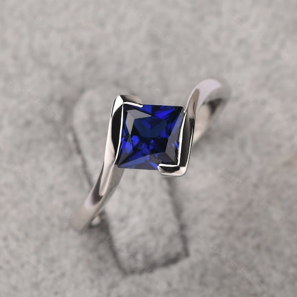 Bypass sapphire ring sterling silver princess cut September birthstone ring solitaire engagement ring