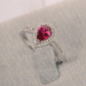 ruby ring vintage pear cut July birthstone halo ring white gold engagement ring for women