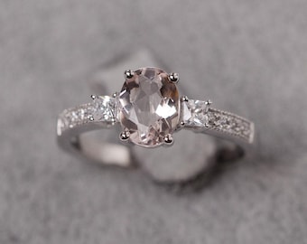 Morganite ring oval cut pink gemstone ring white gold wedding ring for women