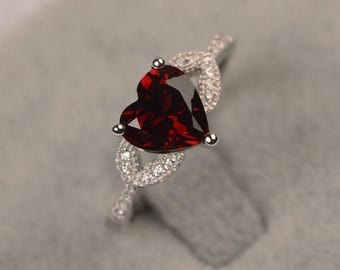 Red garnet ring heart cut January birthstone ring sterling silver wedding ring for women