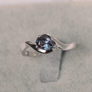 Alexandrite solitaire ring solid sterling silver bypass ring pear shaped color changing June birthstone