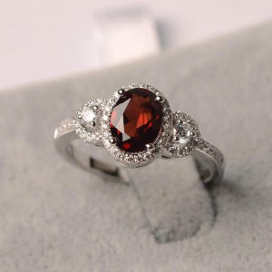 Garnet ring oval cut red gemstone January birthstone ring sterling silver engagement ring for women