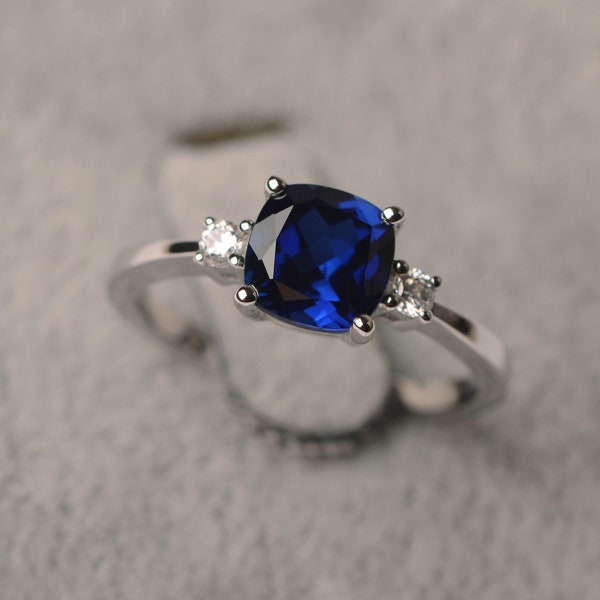 Lab sapphire ring cushion cut September birthstone 925 silver wedding ring for women blue stone ring