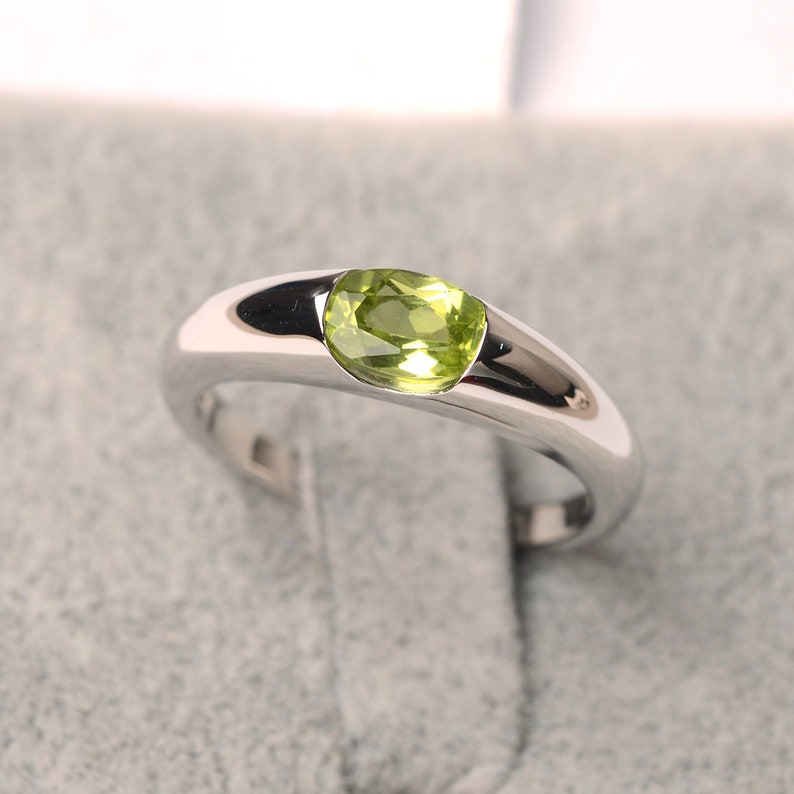 Natural peridot ring for women oval cut ring August birthstone ring silver