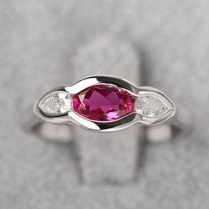 Three Stone Ruby Promise Ring Bezel Set Minimalist Mothers Ring July Birthstone