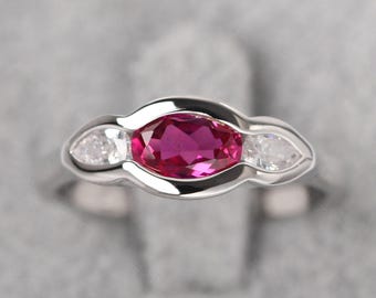 Three Stone Ruby Promise Ring Bezel Set Minimalist Mothers Ring July Birthstone