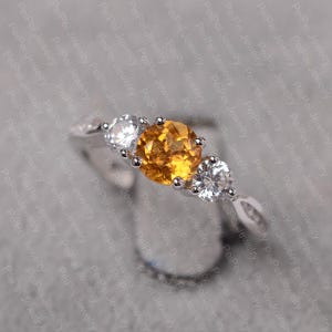 Citrine ring sterling silver wedding ring for women round cut November Birthstone ring