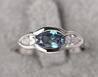 Unique Color Changing Alexandrite Anniversary Ring Silver Oval Cut Three Stone June Birthstone Ring