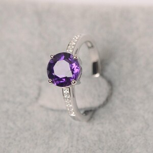 Amethyst ring round cut purple gemstone February birthstone ring white gold wedding ring for women