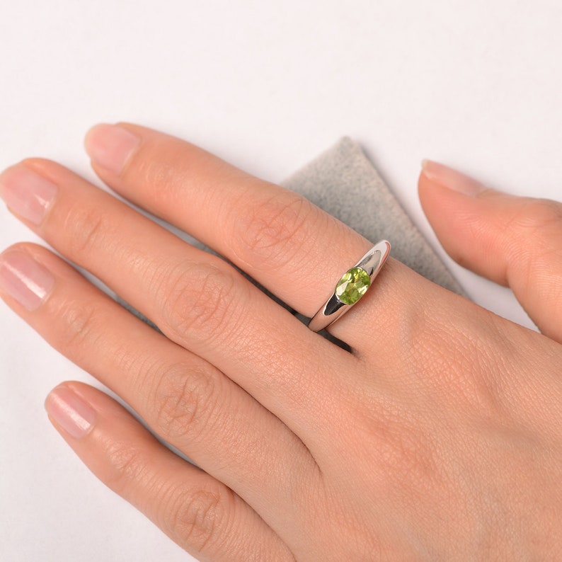 Natural peridot ring for women oval cut ring August birthstone ring silver