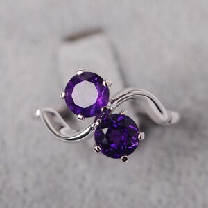 Amethyst ring sterling silver engagement ring for women round cut February birthstone ring