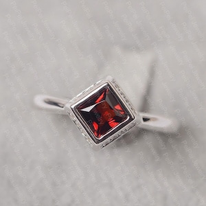 Garnet ring sterling silver anniversary ring for women square cut January birthstone ring