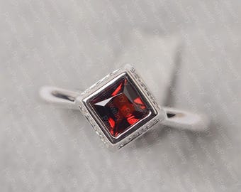 Garnet ring sterling silver anniversary ring for women square cut January birthstone ring