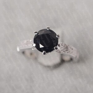 Black spinel ring sterling silver solitaire engagement ring round cut black stone ring