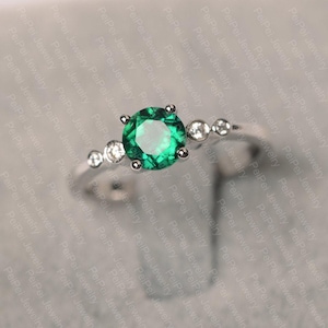 Emerald ring sterling silver engagement ring for women round cut May birthstone green stone ring