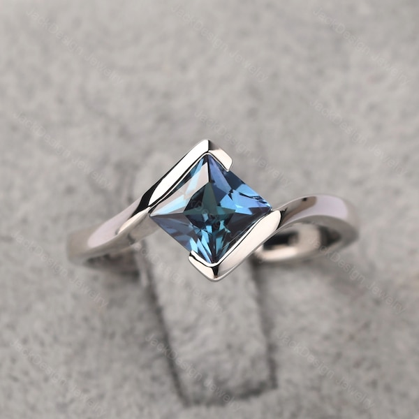 Princess cut alexandrite ring simple engagement ring silver bypass June birthstone ring