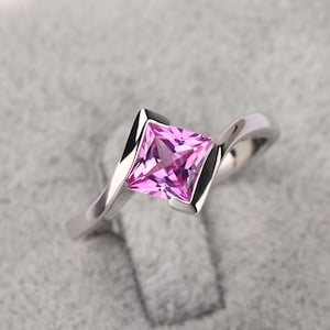 Simple bypass pink sapphire ring silver princess cut 1.38 carat satement ring anniversary gifts for her