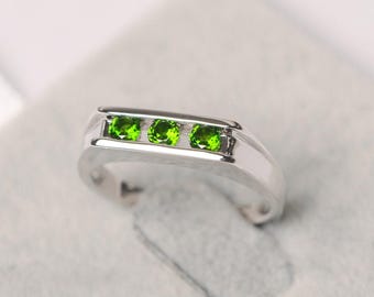Chrome diopside ring three stone green gemstone band ring sterling silver engagement ring for women