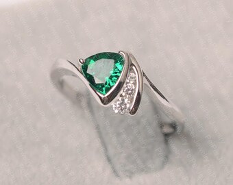 Trillion cut emerld ring stelring silver engagement ring May birthstone ring