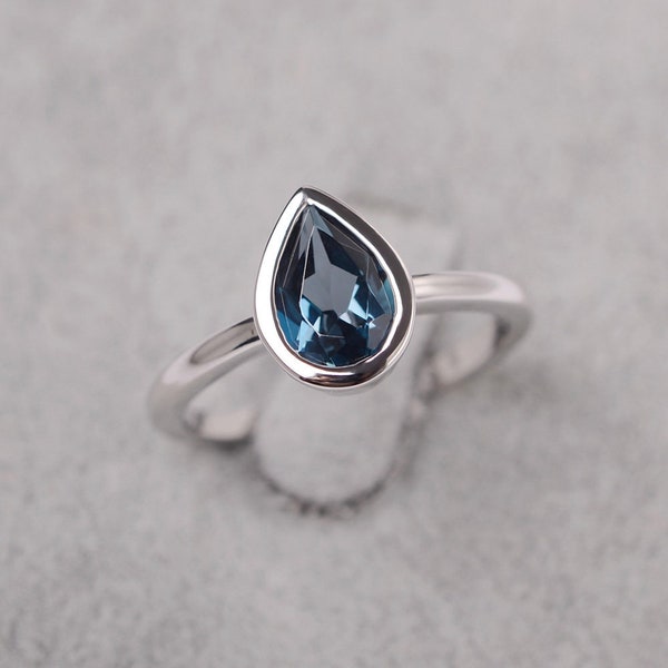 London blue topaz ring pear cut blue gemstone sterling silver solitaire engagement ring