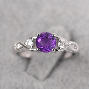 Unique twist amethyst statement ring sterling silver round cut February birthstone ring