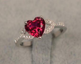 Red ruby ring July birthstone heart cut gems sterling silver engagement ring for woman