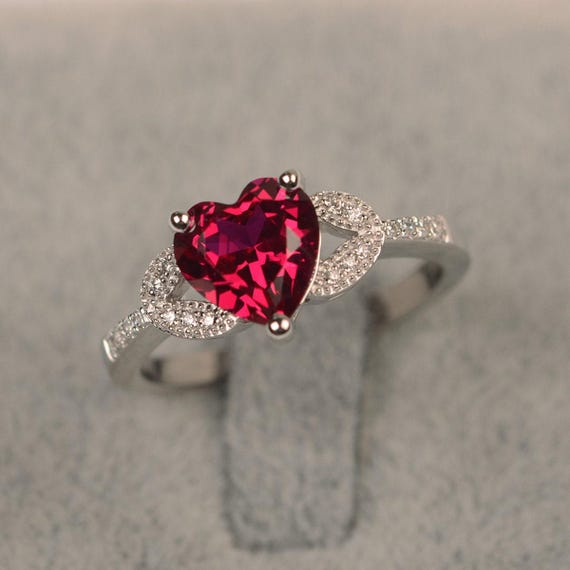 Red ruby ring July birthstone heart cut gems sterling silver engagement ring for woman
