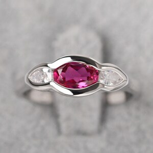 Three Stone Ruby Promise Ring Bezel Set Minimalist Mothers Ring July Birthstone