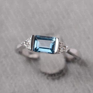 London blue topaz emerald cut blue gemstone engagement sterling silver ring for women