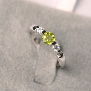 Peridot ring round cut three stone band engagement ring for women sterling silver August birthstone