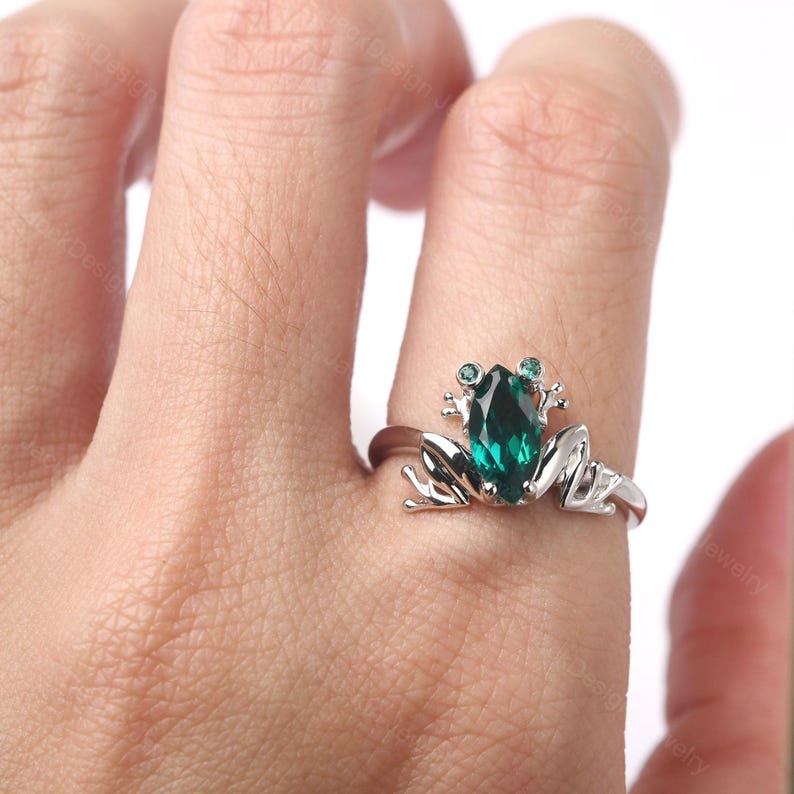Green frog ring sterling silver May birthstone ring marquise cut emerald engagement ring image 5