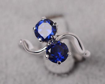 Lab sapphire ring silver engagement ring September birthstone round cut double stone ring