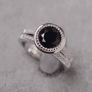 Black spinel ring round cut sterling silver wedding set ring for women