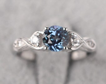 Twisted shank alexandrite engagement ring silver round cut June birthstone ring