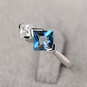 Couples Birthstone Ring Princess Cut Silver London Blue Topaz Proposal Ring November Birthstone
