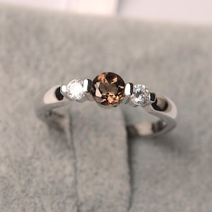 Smoky quartz ring sterling silver three stone band engagement ring for women