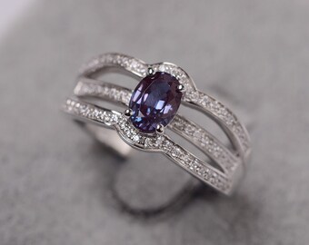 Lab alexandrite ring white gold engagement ring for women oval cut June birthstone ring