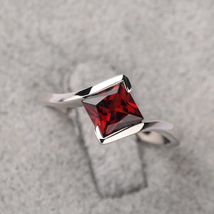 Unique bypass garnet ring princess cut 1.51 carat promise ring silver January birthstone ring