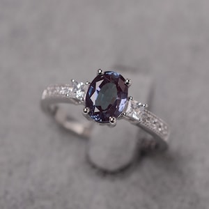 Alexandrite ring oval cut sterling silver anniversary ring June birthstone engagement ring for women