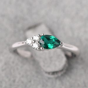Pear Shaped Emerald Mothers Ring Sterling Silver Cluster May Birthstone Ring