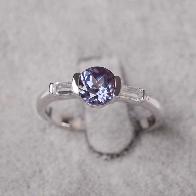 Alexandrite ring sterling silver round cut gemstone ring engagement ring