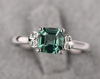 Vintage Green Sapphire Engagement Ring Sterling Silver Asscher Cut Solitaire Ring
