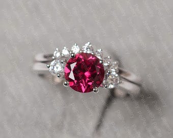Red ruby ring round cut gemstone July birthstone sterling silver engagement ring