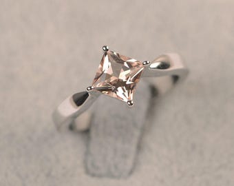 Morganite ring princess cut solitaire ring 925 silver wedding ring for women