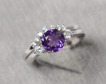 Amethyst ring round cut February birthstone sterling silver wedding ring set for women