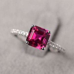Dainty Ruby Bridal Ring Asscher Cut 2.4 Carat Sterling Silver July Birthstone Ring