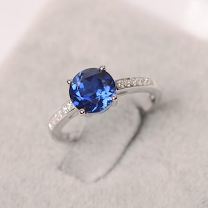 Sapphire ring round cut blue gemstone September birthstone ring sterling silver engagement ring for women