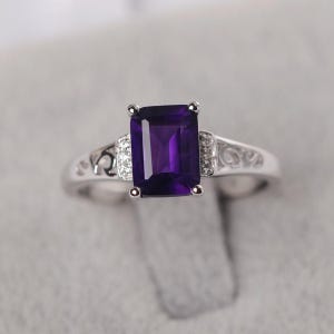 Amethyst ring sterling silver emerald cut February birthstone ring for women