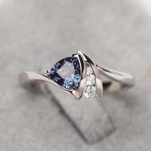 Trillion Cut Alexandrite Wedding Ring June Birthstone Unique Design Color Changing Delicate Ring